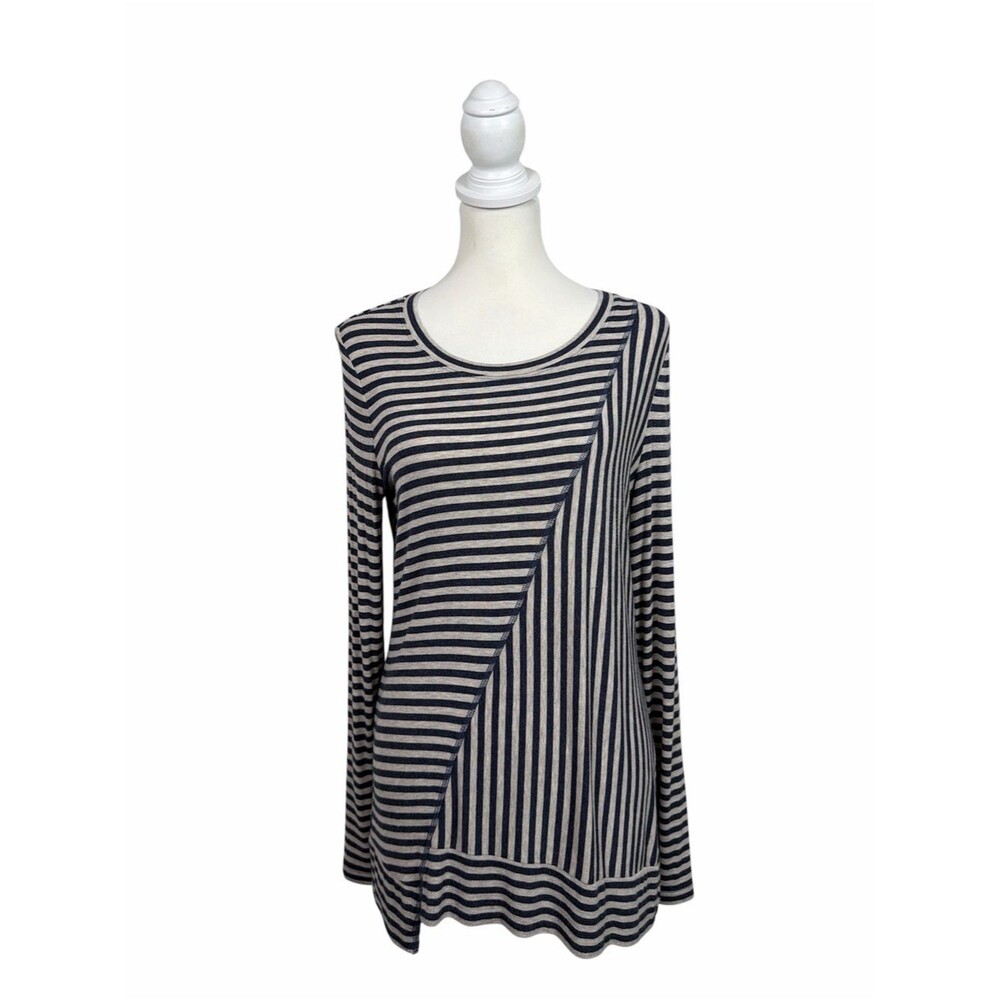 Cabi Mixed Stripe Tunic Top Size Small Navy Beige Long Sleeve Asymmetrical Knit